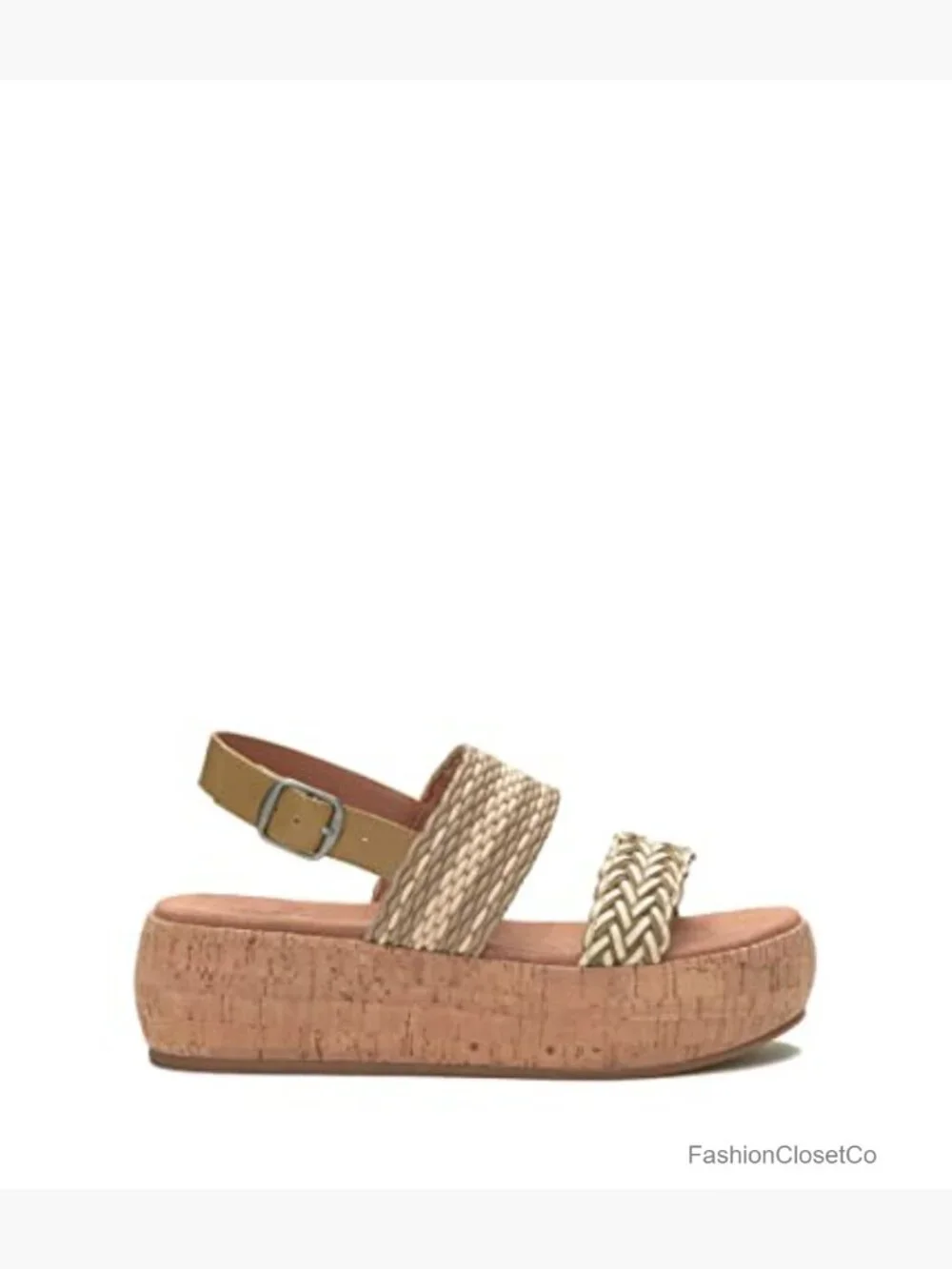 Leather Wedge Sandals with Buckle Closure and Chunky Cork Platform